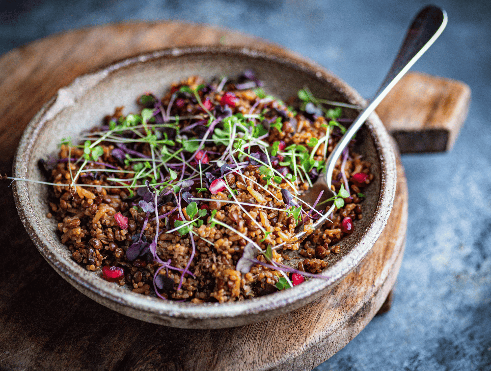 Bowl of mixed rice with microgreens