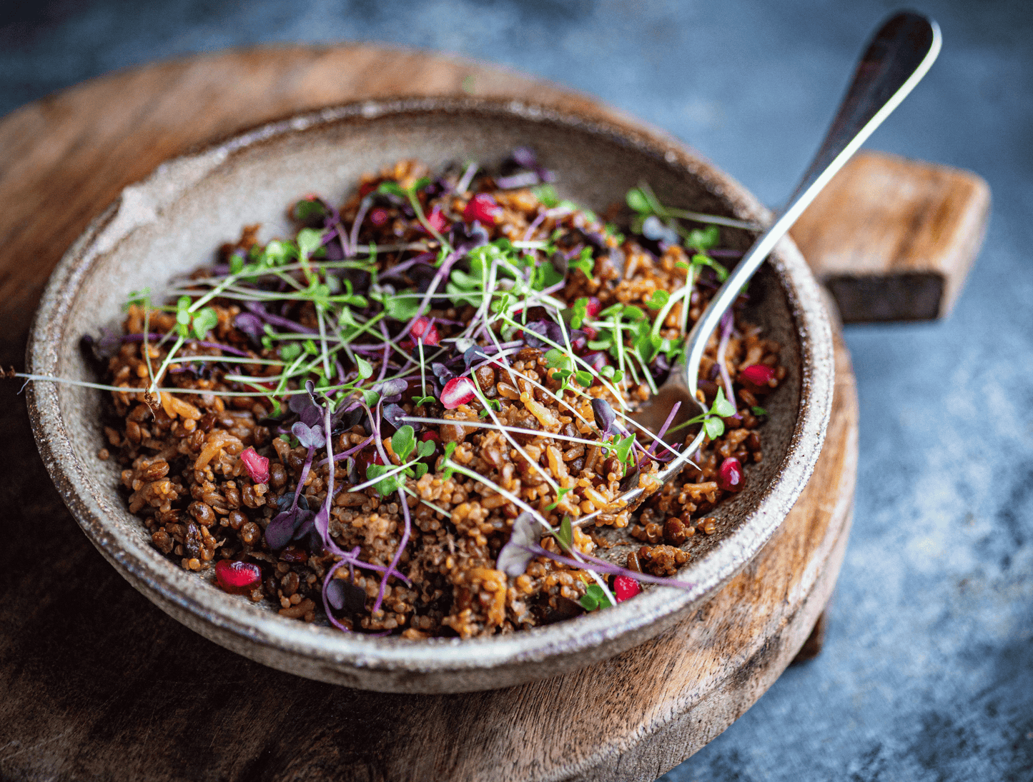 Bowl of mixed rice with microgreens