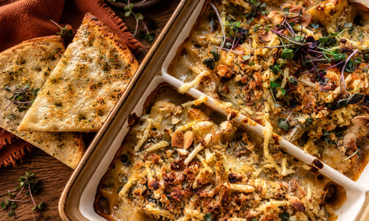 Cauliflower and Caramelised Leek Bake with Mixed Microgreens