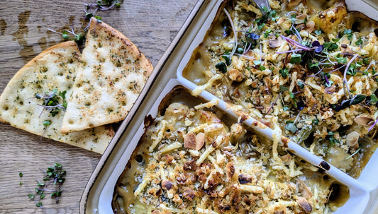 Cauliflower and Caramelised Leek Bake with Mixed Microgreens