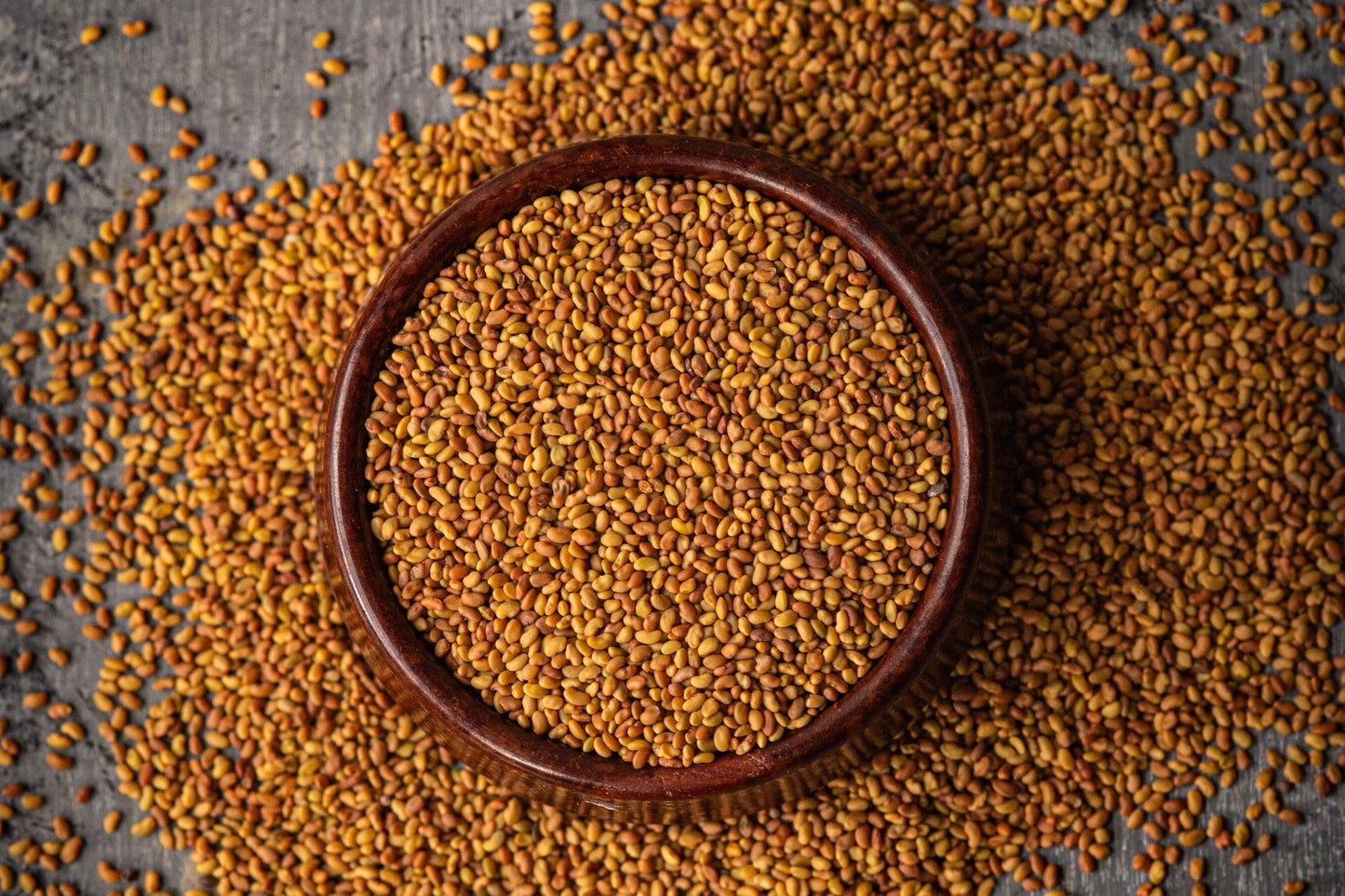 Teeny Greeny organic alfalfa microgreen seeds close up in wooden bowl
