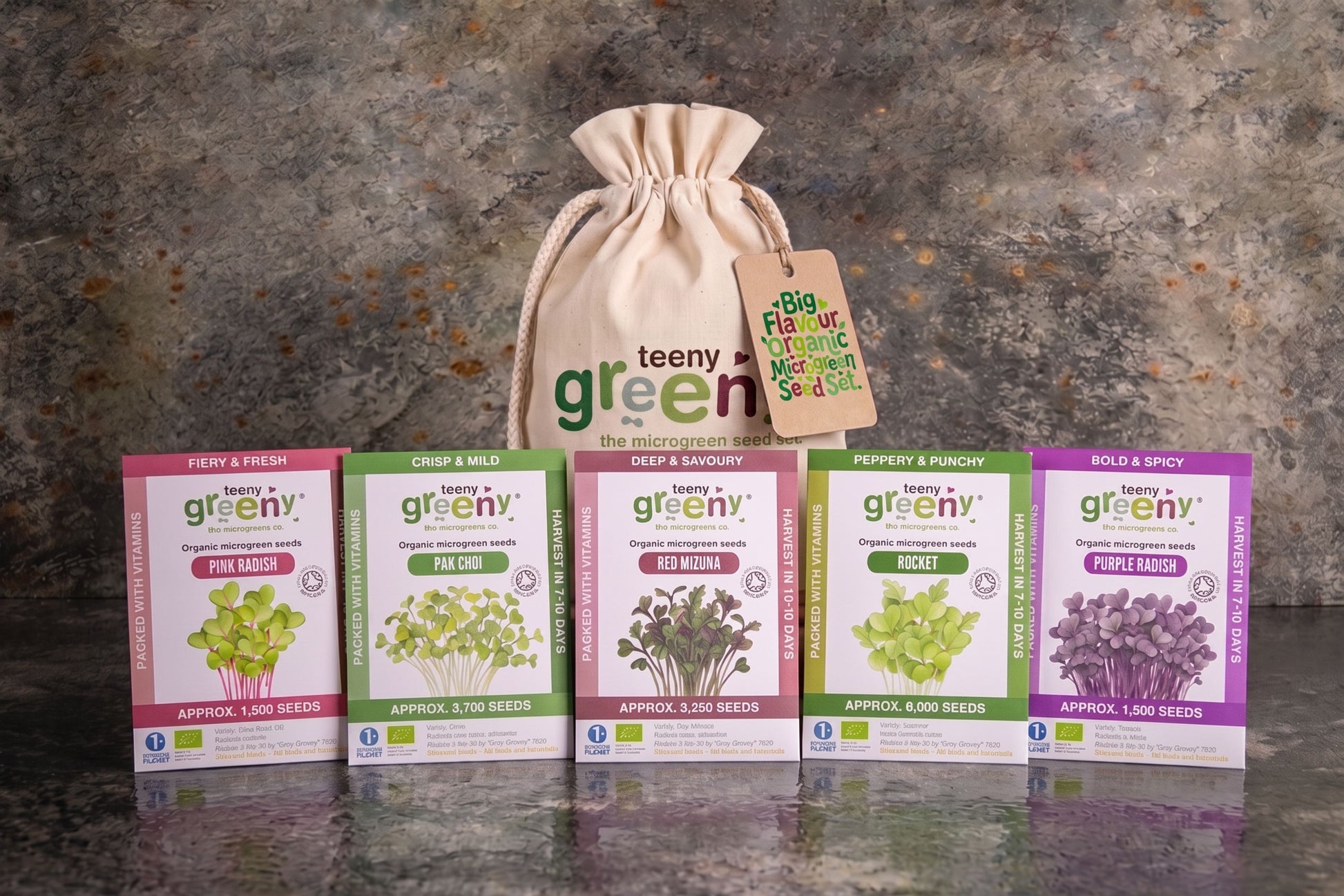 Teeny Greeny organic Big Flavour microgreen seed set with five seed packets