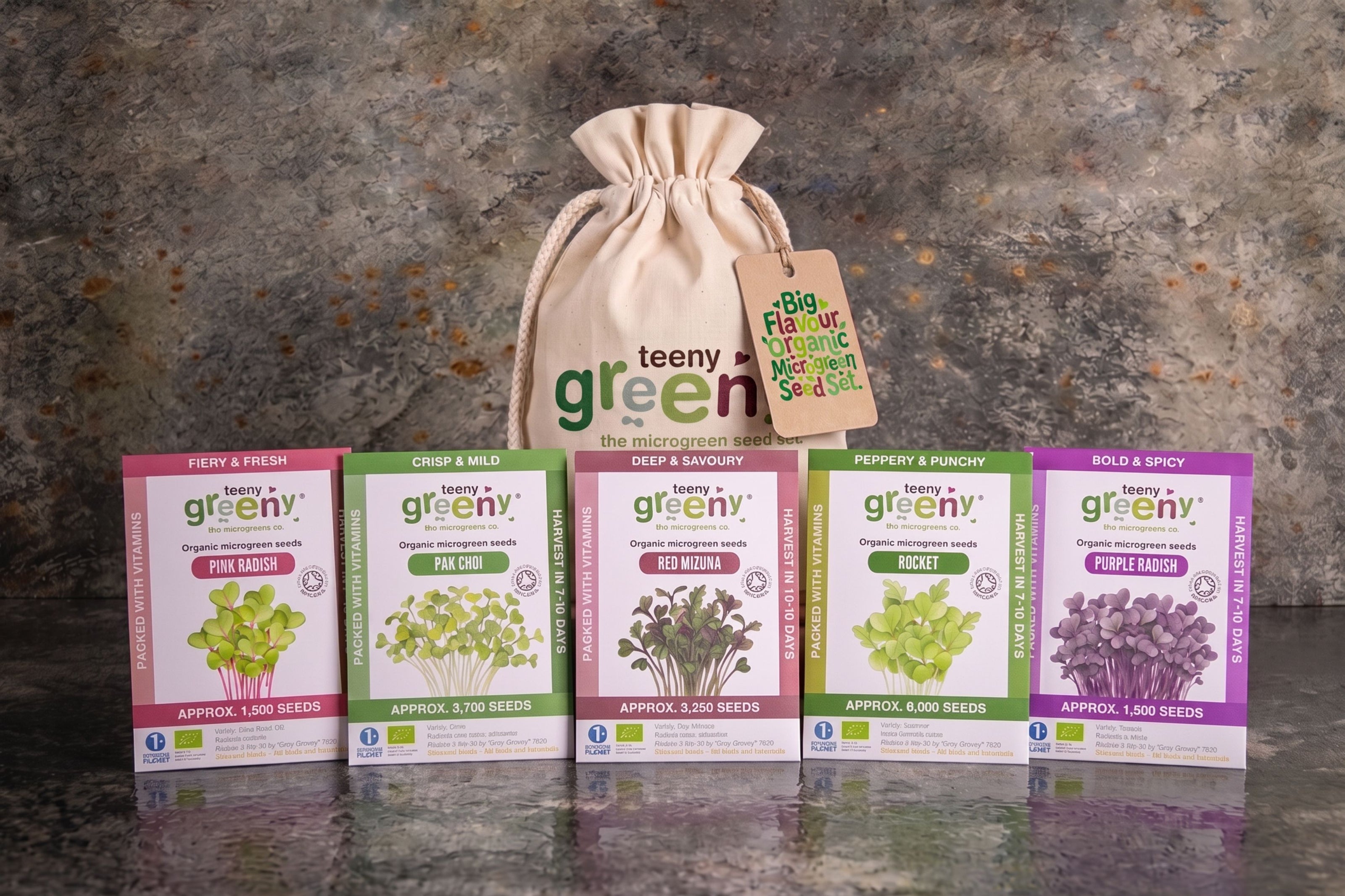 Teeny Greeny organic Big Flavour microgreen seed set with five seed packets