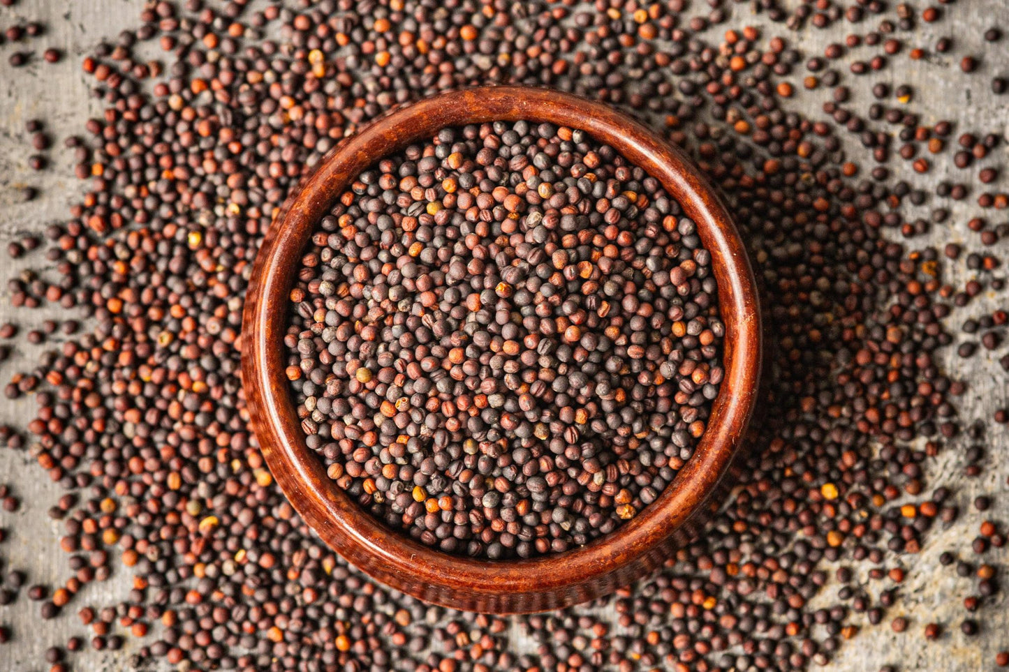 Teeny Greeny organic broccoli microgreen seeds close up in wooden bowl on stone surface