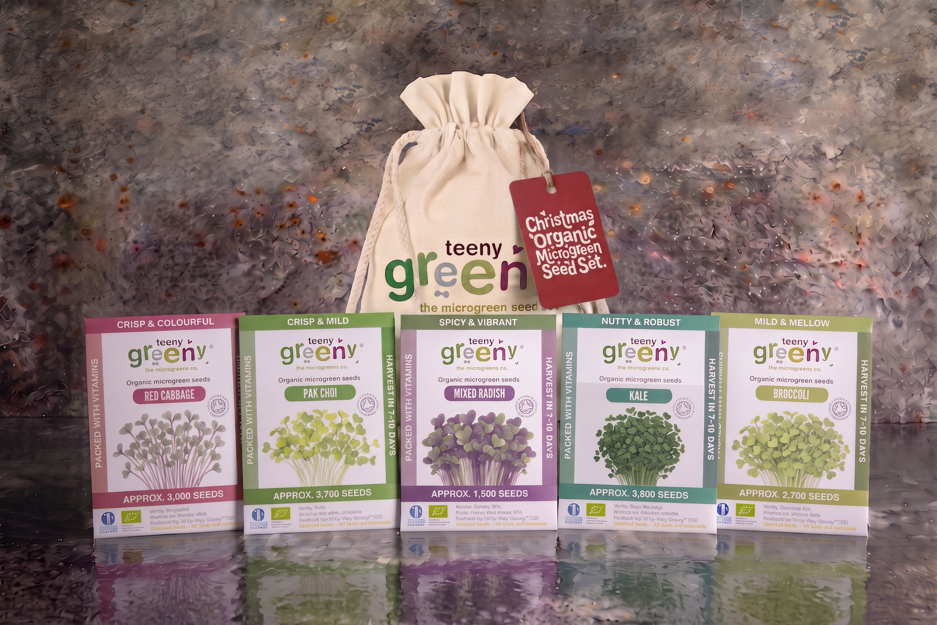 Teeny Greeny organic Christmas microgreen seed set gift with five seed packets