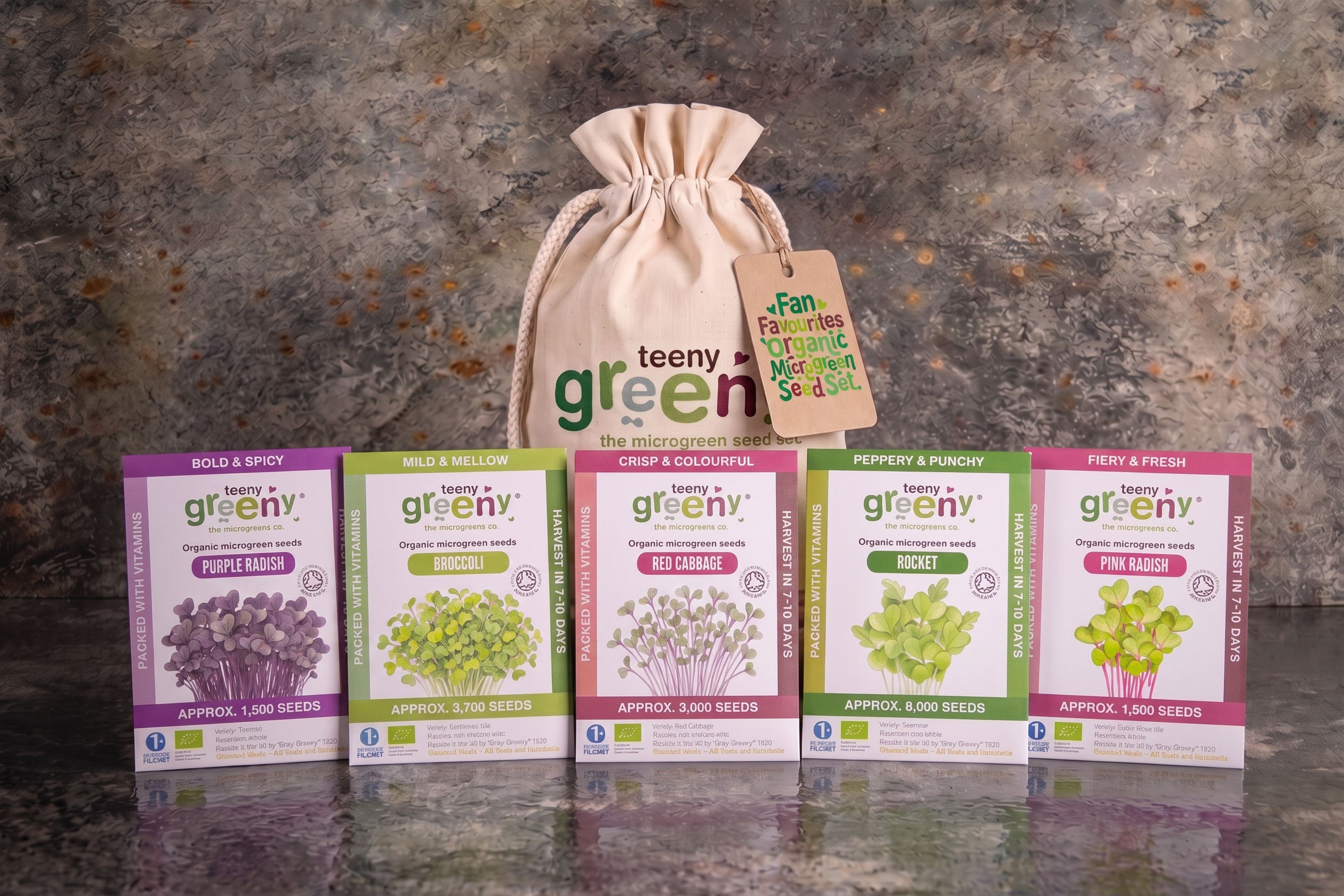 Teeny Greeny organic Fan Favourites microgreen seed set with five seed packets