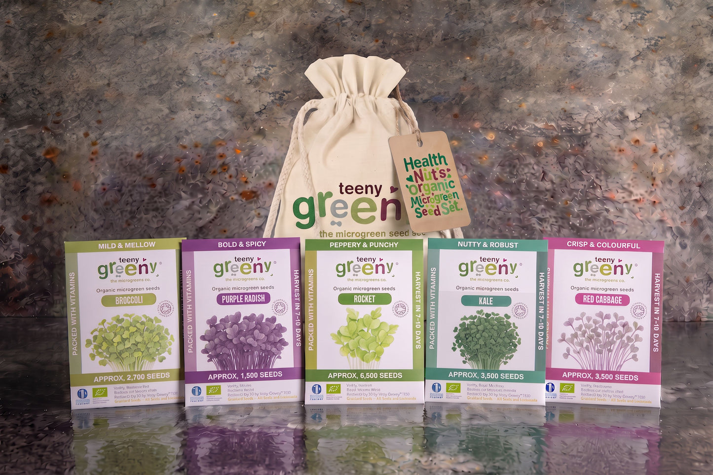 Teeny Greeny organic Health Nut's microgreen seed set with five seed packets