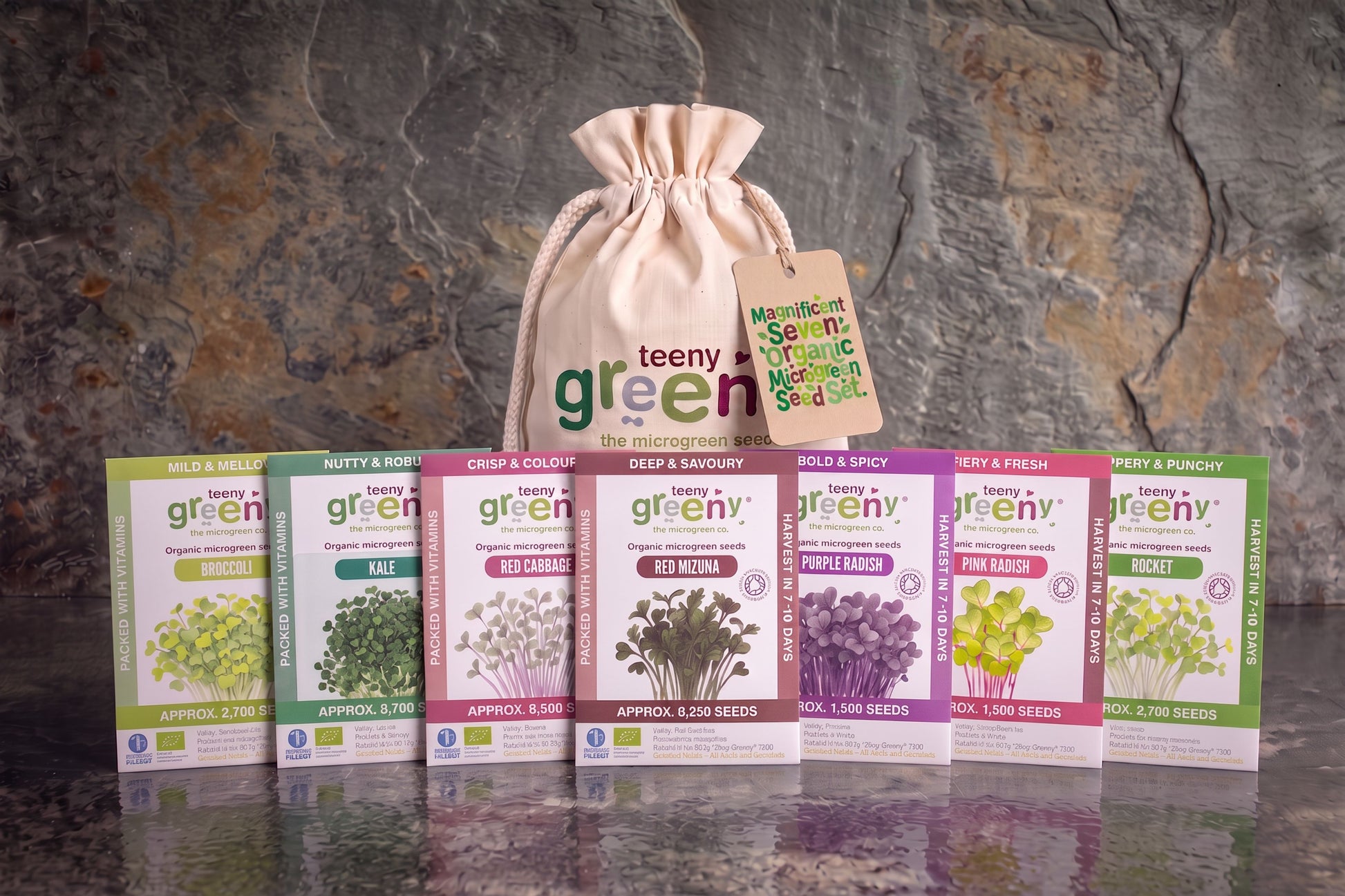 Teeny Greeny organic Magnificent Seven microgreen seed set with seven seed packets