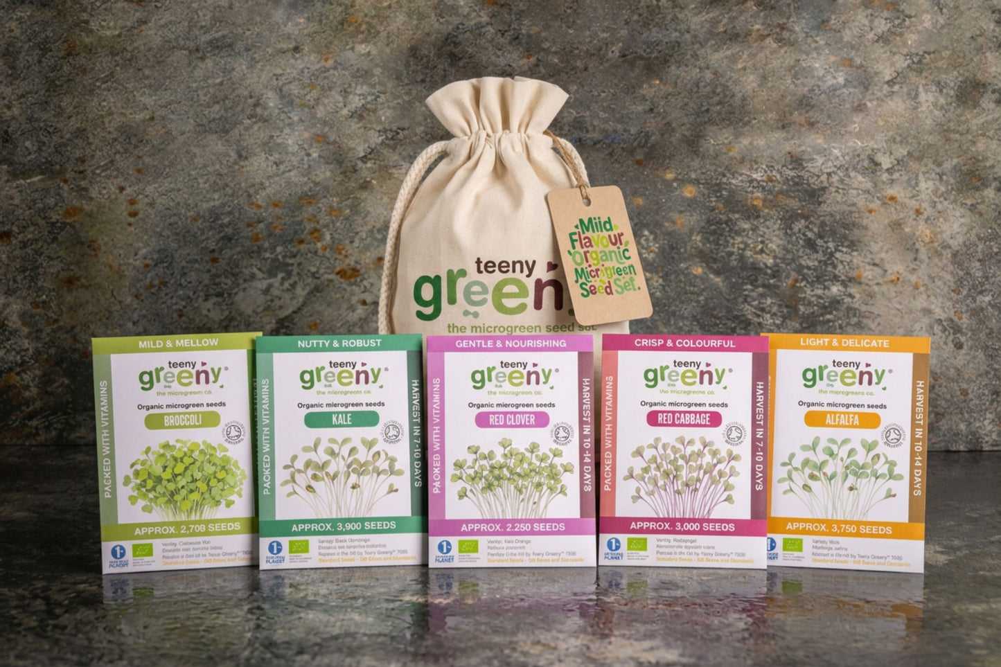Teeny Greeny organic Mild Flavour microgreen seed set with five seed packets