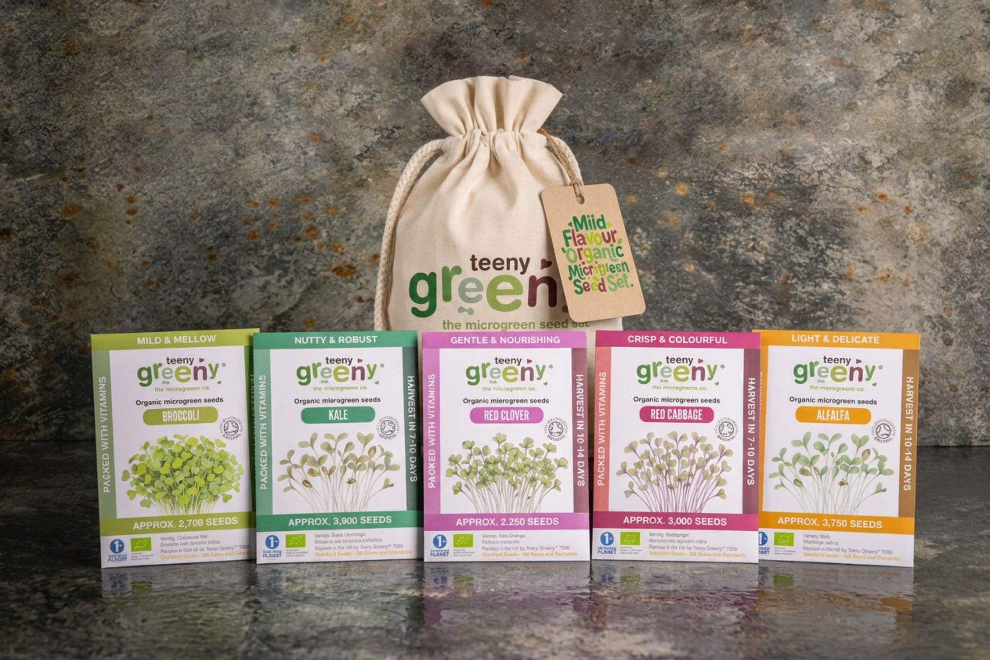 Teeny Greeny organic Mild Flavour microgreen seed set with five seed packets