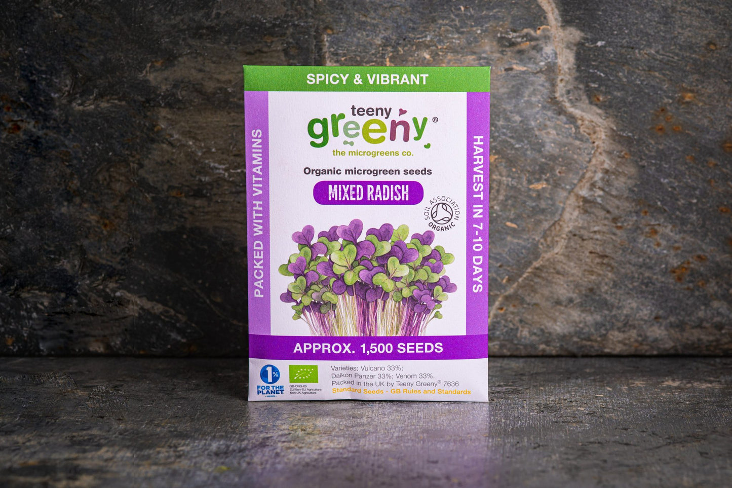 Teeny Greeny organic Mixed Radish microgreen seed packet standing upright on dark slate background