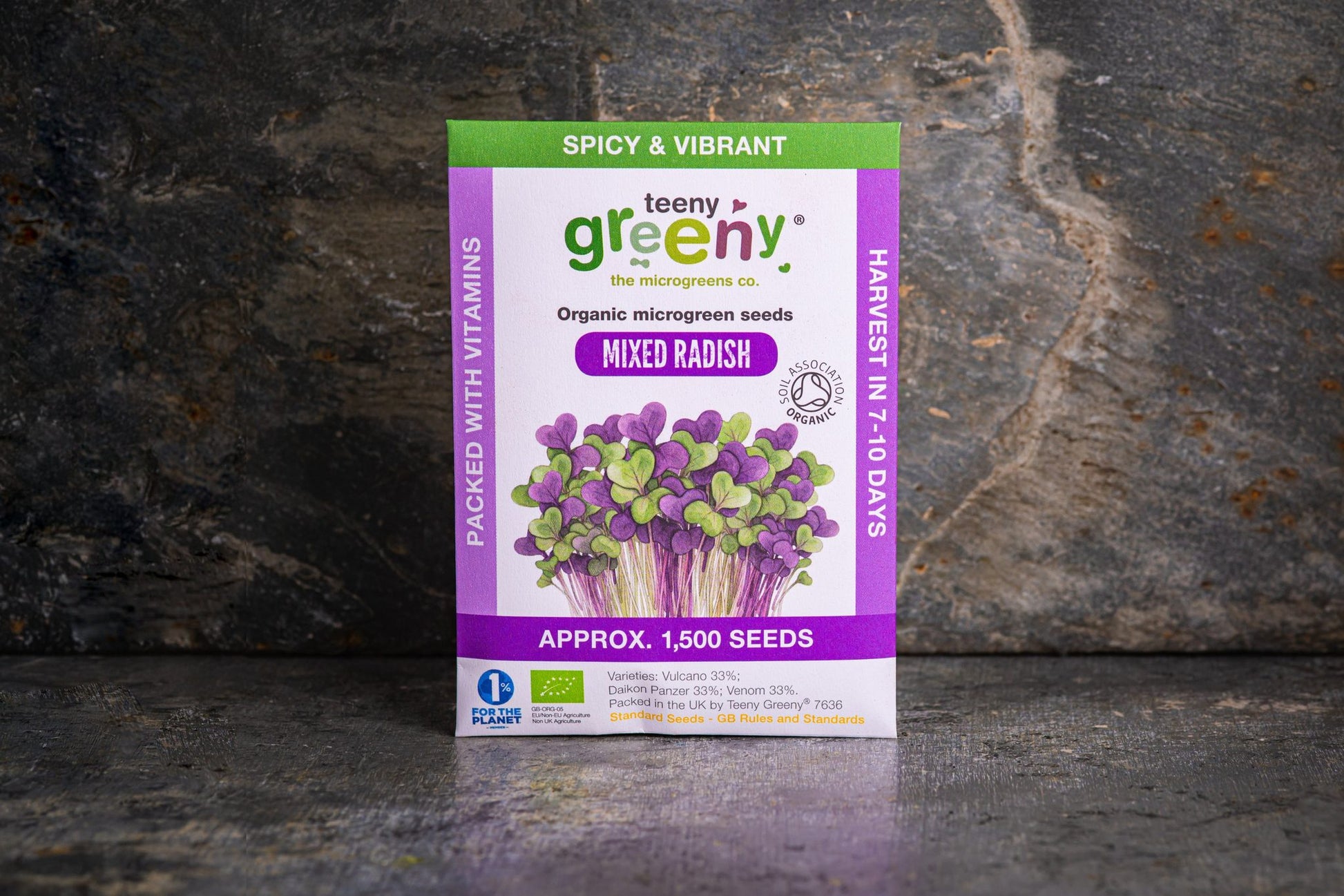 Teeny Greeny organic Mixed Radish microgreen seed packet standing upright on dark slate background