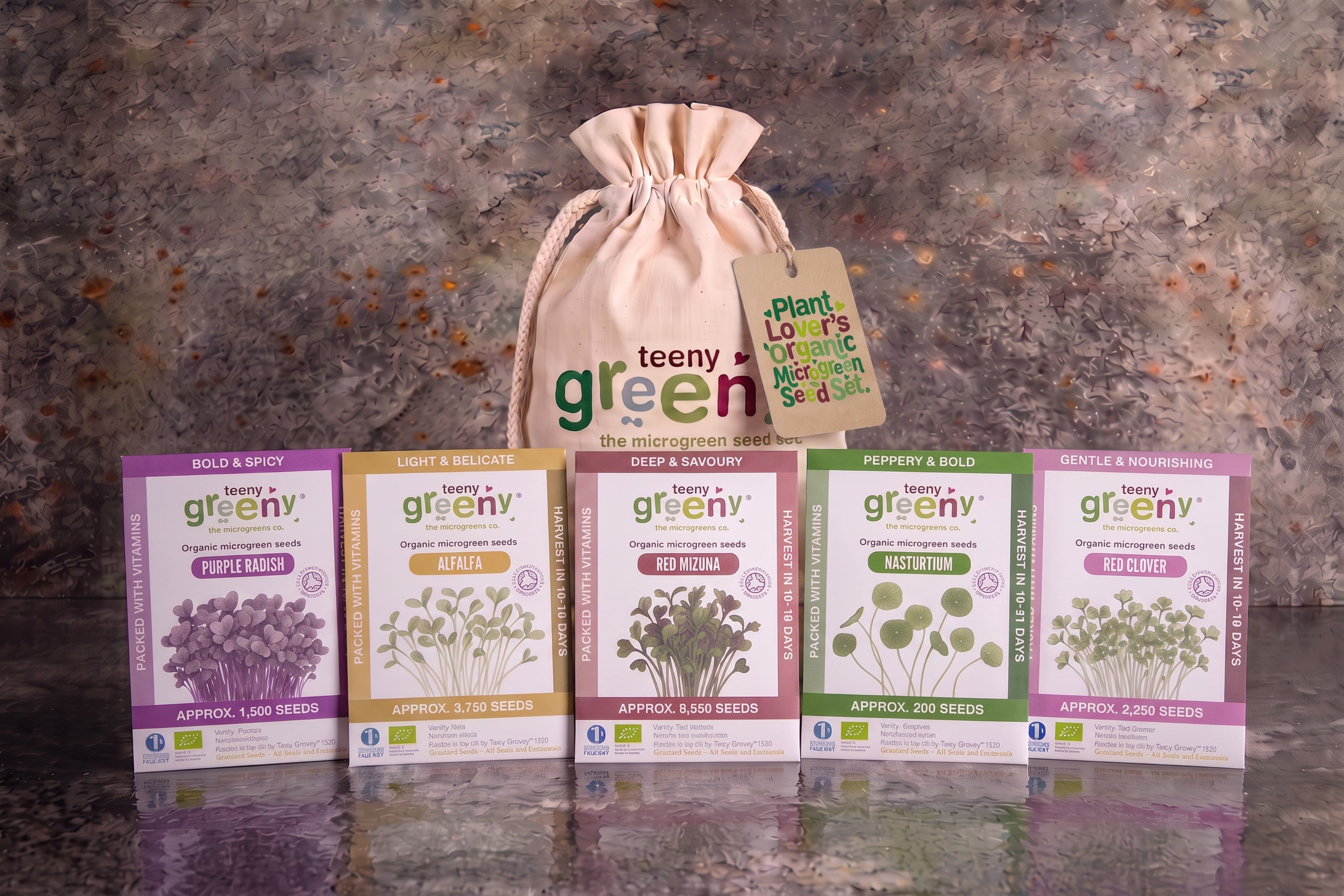 Teeny Greeny organic Plant Lover's microgreen seed set with five seed packets