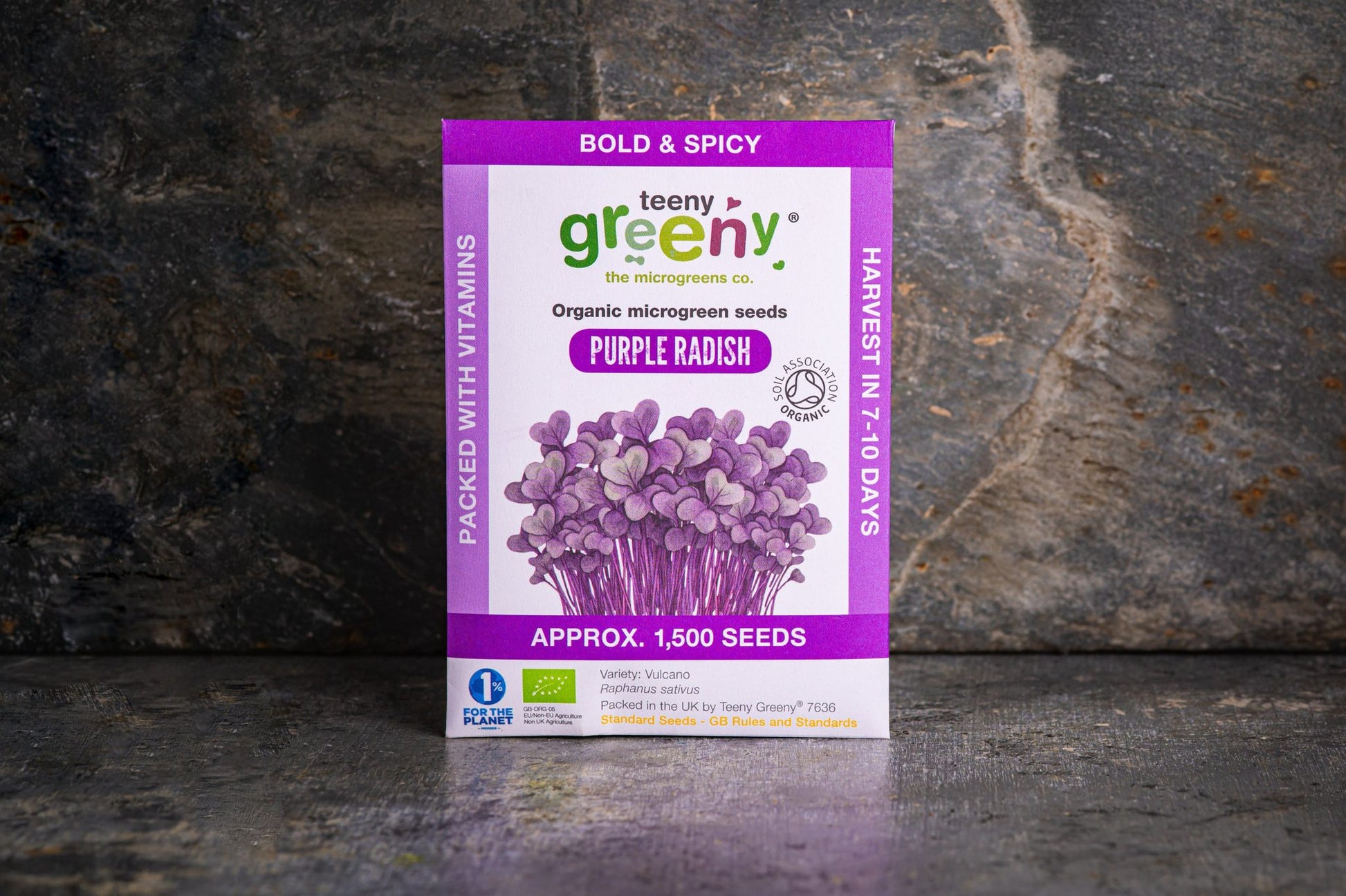 Teeny Greeny organic Purple Radish microgreen seed packet standing upright on dark slate background