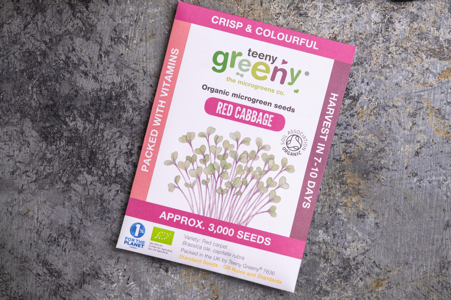 Teeny Greeny organic red cabbage microgreen seed packet flat lay on stone surface
