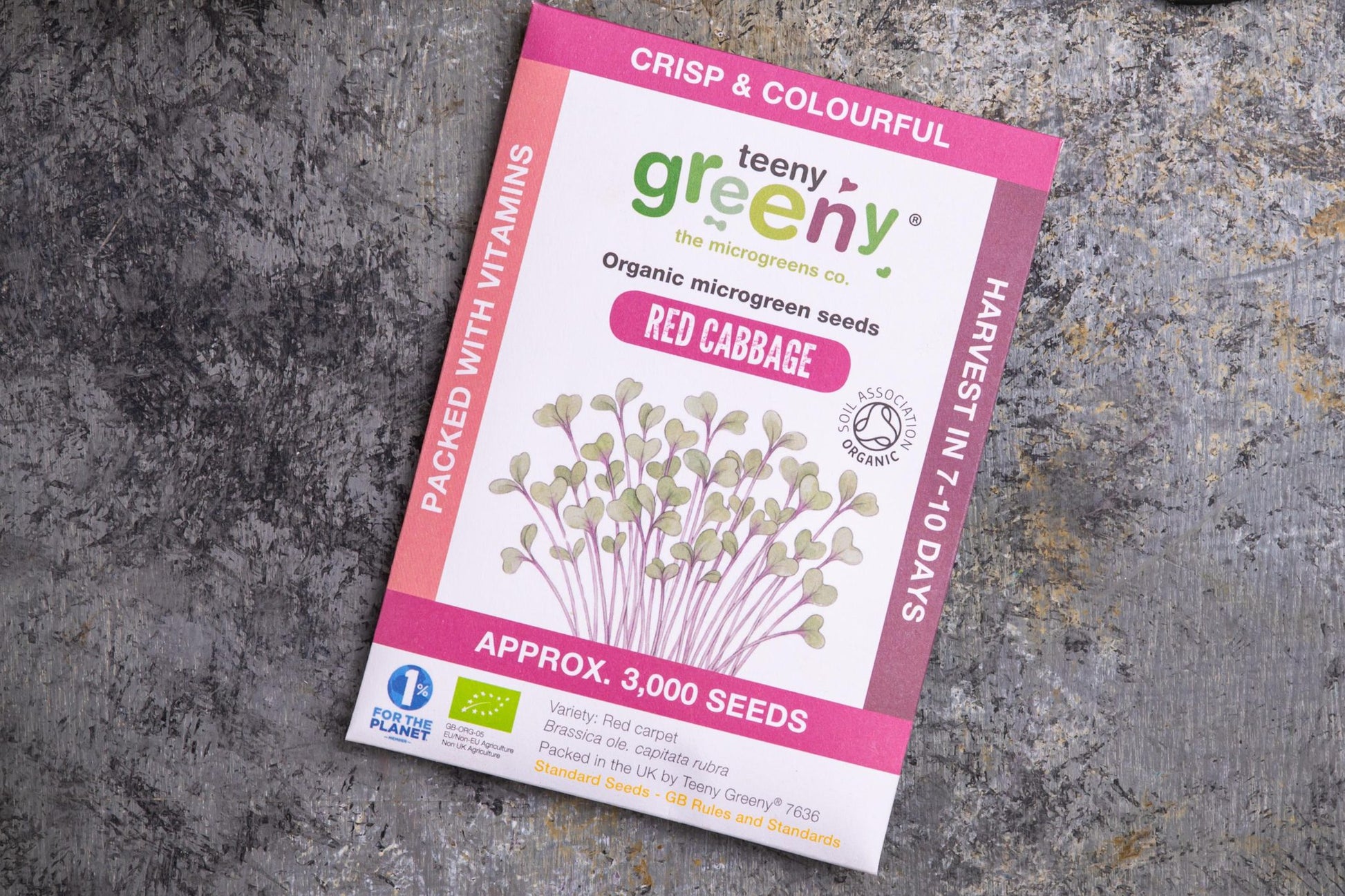 Teeny Greeny organic red cabbage microgreen seed packet flat lay on stone surface
