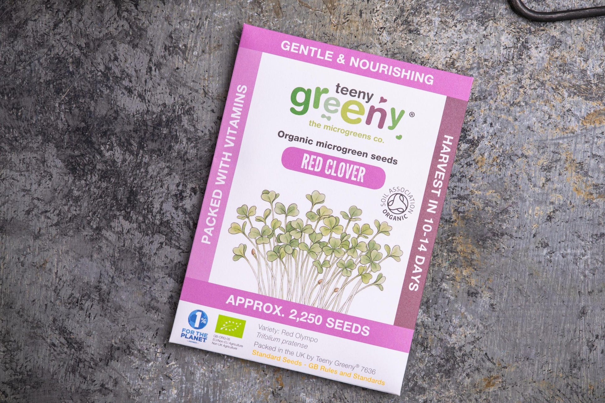 Teeny Greeny organic red clover microgreen seed packet flat lay on stone surface
