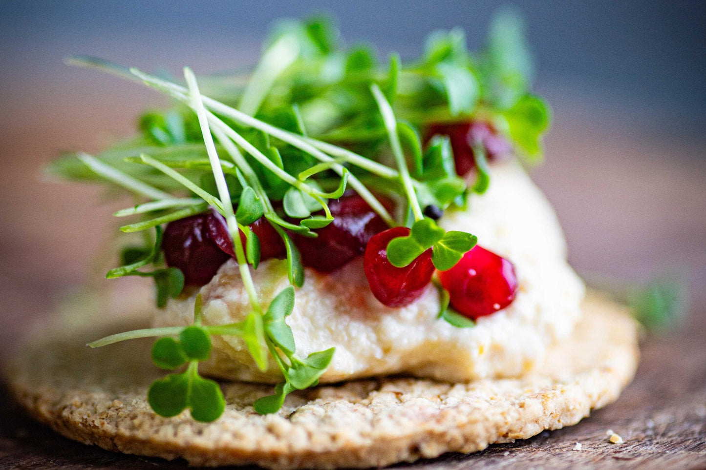 Teeny Greeny rocket microgreens on oat cracker with cream cheese and pomegranite