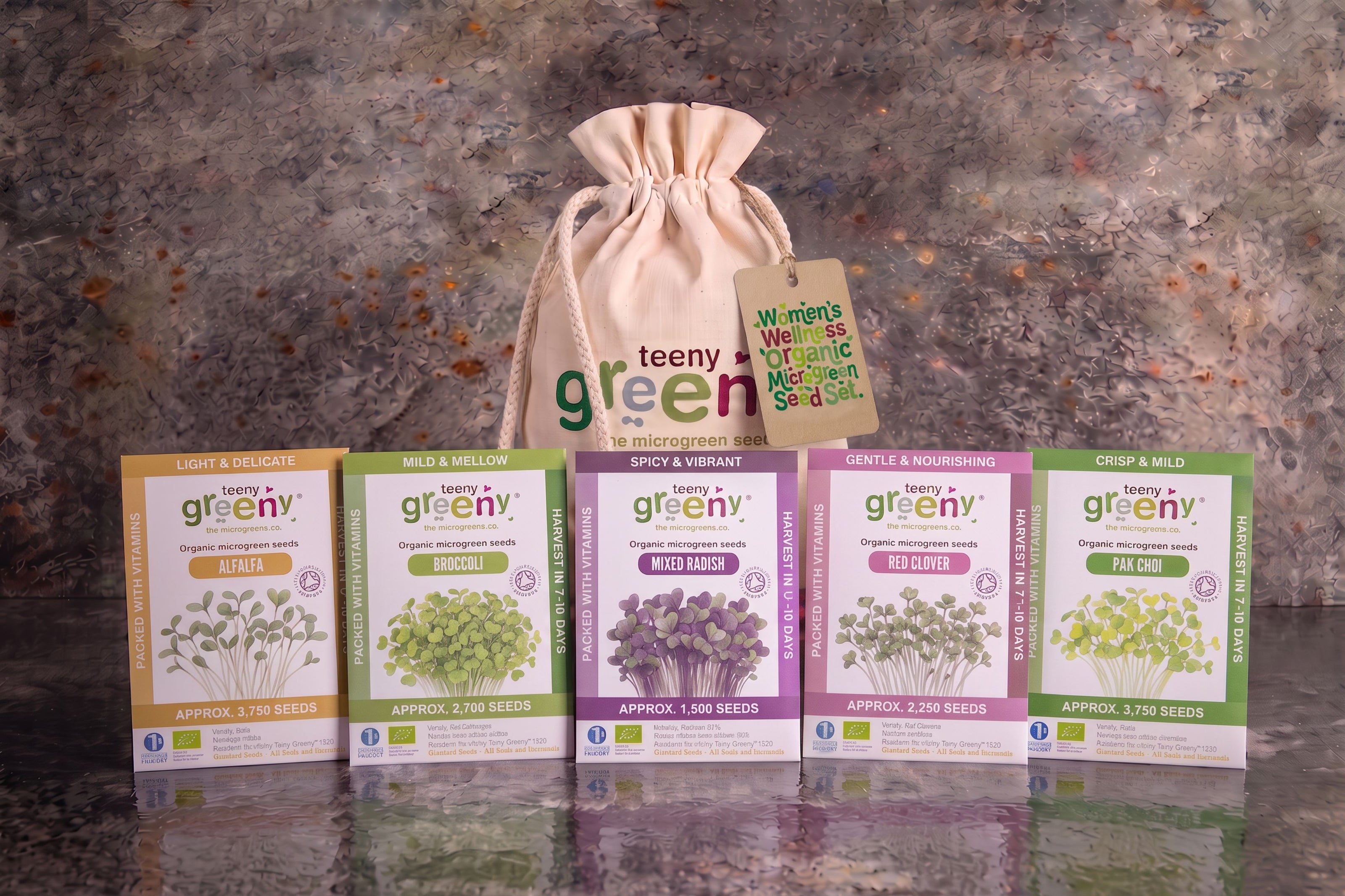 Teeny Greeny organic Women's Wellness microgreen seed set with five seed packets
